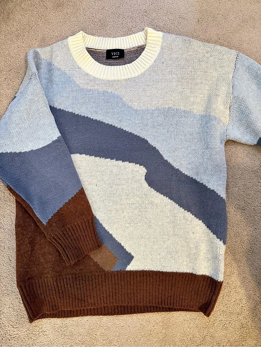 VICI Settled In Knit Abstract Crop Sweater Blue & Brown Medium